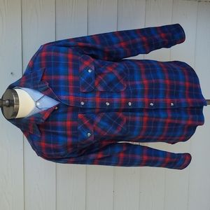 PRIVATE PROPERTY Red Blue Plaid Flannel Cotton USA Sz M Long Sleeve Shirt‎ VTG